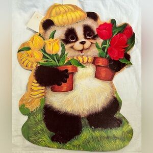 Vintage Spring Panda with tulips die-cut